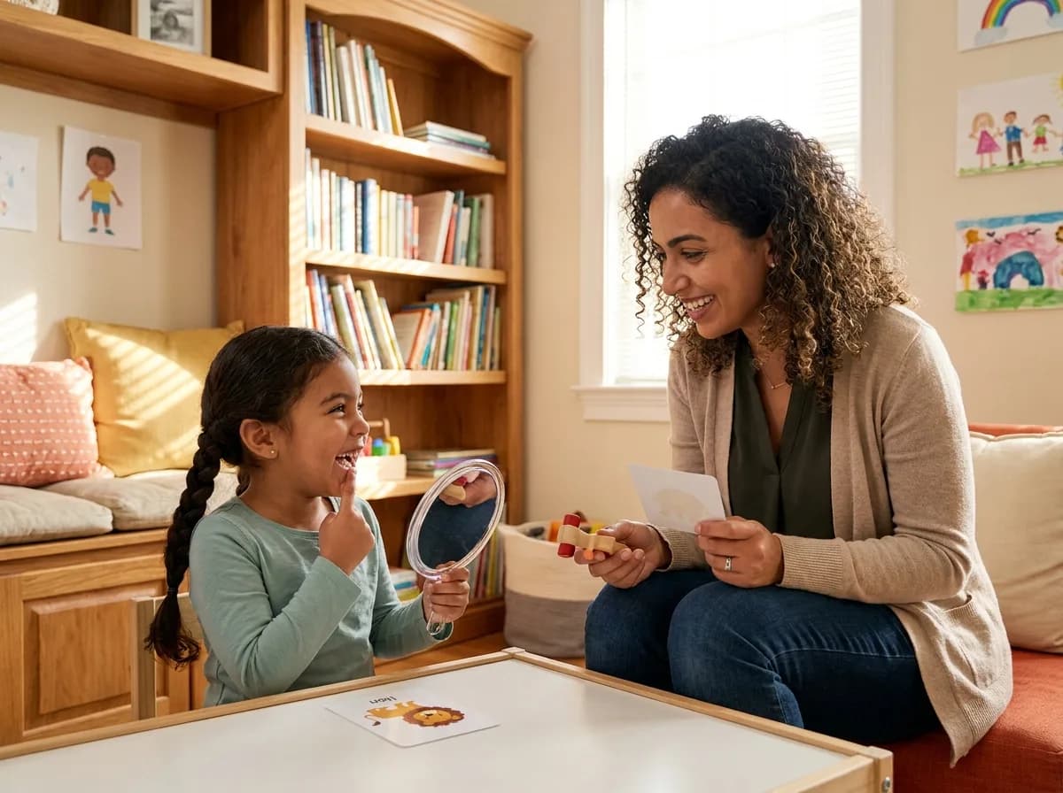 A speech therapist communicating warmly with a young child
