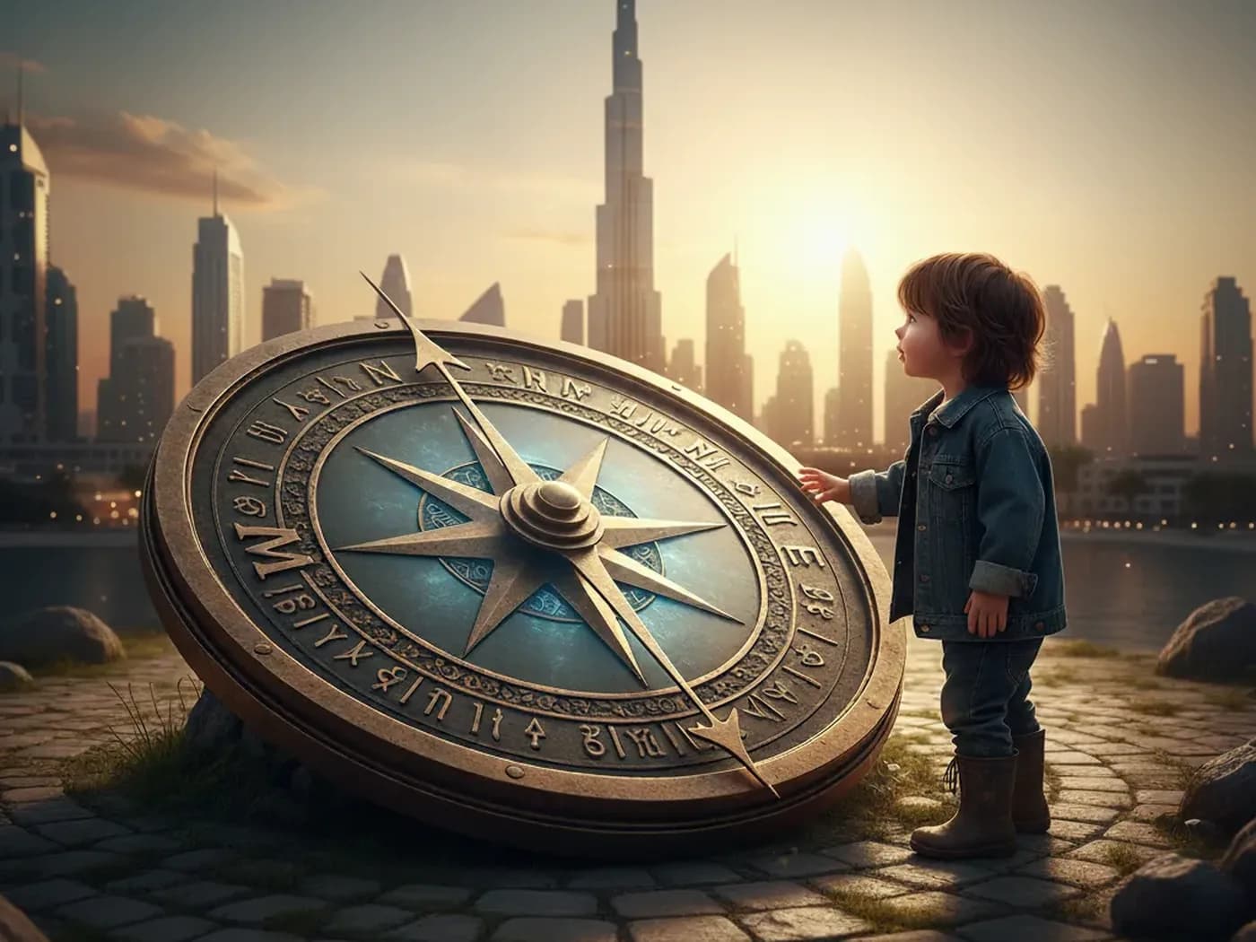 A compass against the Dubai skyline