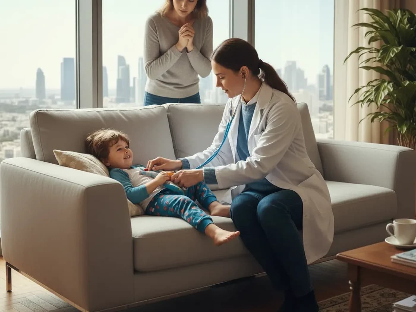 A pediatrician examining a child at home